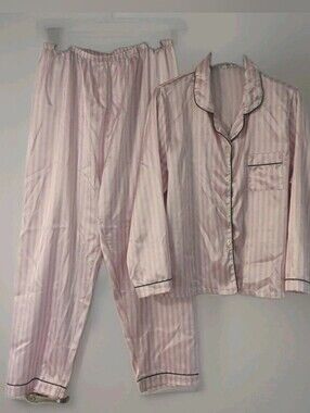 Temu Size XL Satiny Pajama Set Pink White Stripe with Black Piping Long Sleeves